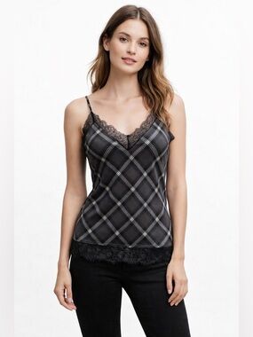 Gold Hawk Carrie Racerback Silk Camisole Lace Trim Plaid Black Medium NWT Luxury